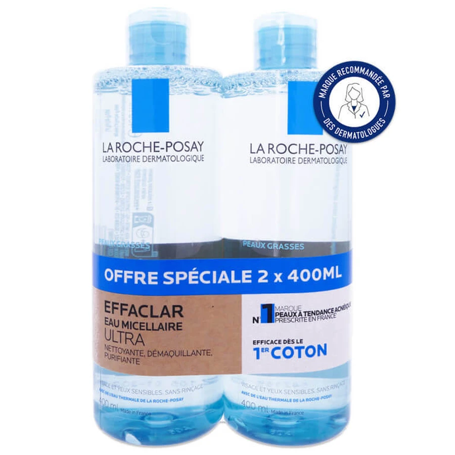 LA ROCHE-POSAY EFFACLAR ULTRA MICELLAR WATER FOR OILY SKIN, 2X400ML PACK