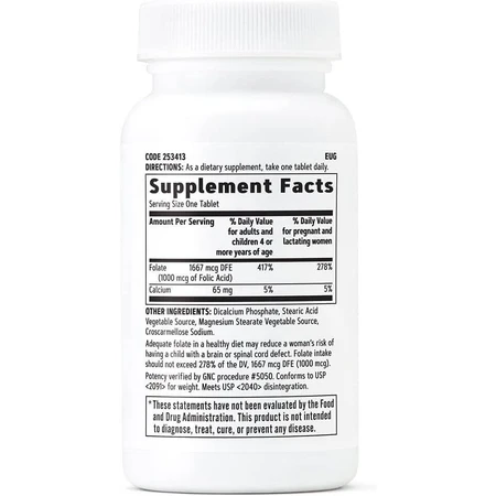 Gnc Folic Acid 1000 Mcg, 100 Tb