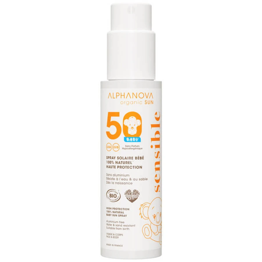 ALPHANOVA: SPRAY SOLAR ECOLÓGICO PARA BEBÉS SPF 50 PARA PIEL SENSIBLE, 100 G
