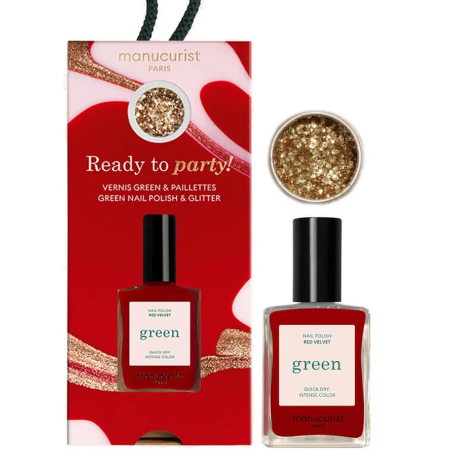 MANUCURIST READY TO PARTY – NAGELLACK IN GRÜN UND ROTEM SAMT + GOLDGLITTER