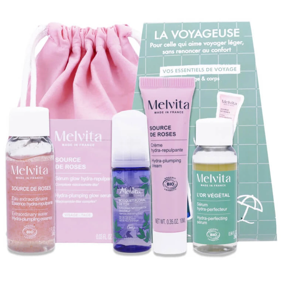 MELVITA TRAVEL KIT: POUCH + 5 SKINCARE PRODUCTS