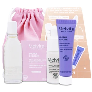 MELVITA „LA RAYONNANTE“-SET: TASCHE + 4 HAUTPFLEGEPRODUKTE