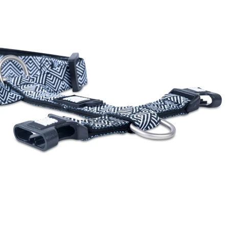 MAX & MOLLY Mykonos Black, Hundegeschirr mit zwei Riemen (Brust und Rücken), verstellbar, Polyester, schwarz-weiß, Dreizack-Schnalle, L (76–105 x 2,5 cm)