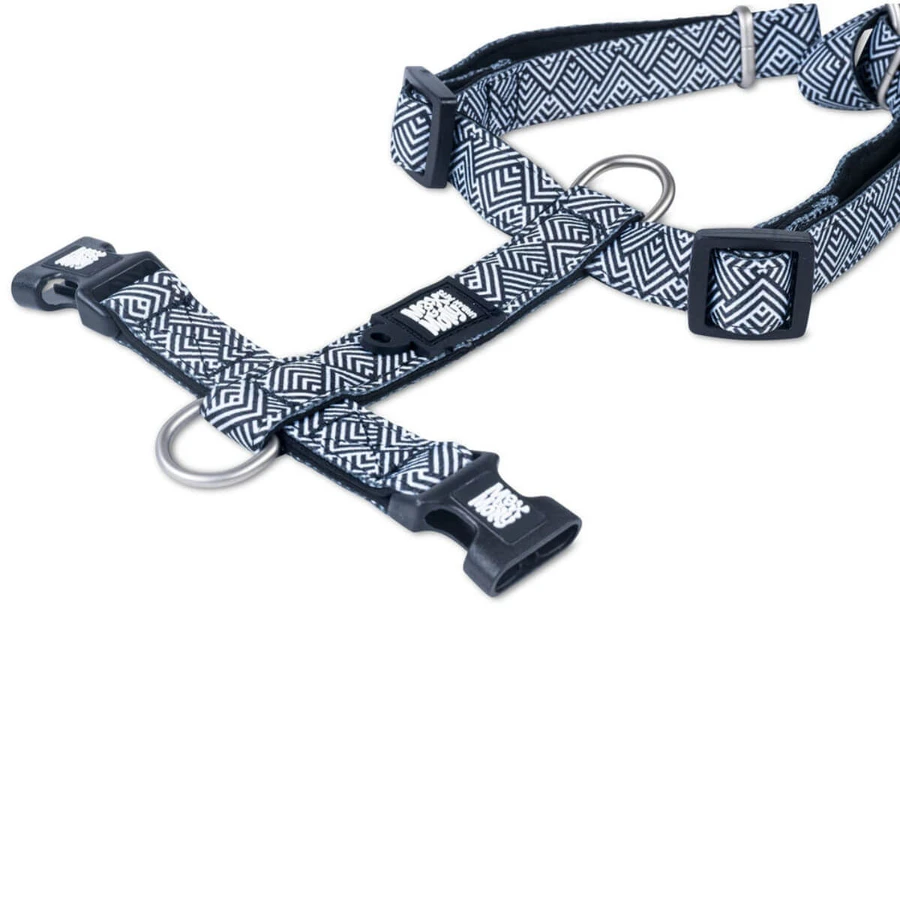 MAX & MOLLY Mykonos Black, Hundegeschirr mit zwei Riemen (Brust und Rücken), verstellbar, Polyester, schwarz-weiß, Dreizack-Schnalle, L (76–105 x 2,5 cm)