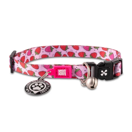 MAX & MOLLY Smart ID Strawberry Dream, Katzenhalsband, verstellbar, Polyester, rosa und rot, Dreizack-Schnalle, 22–35 × 1 cm