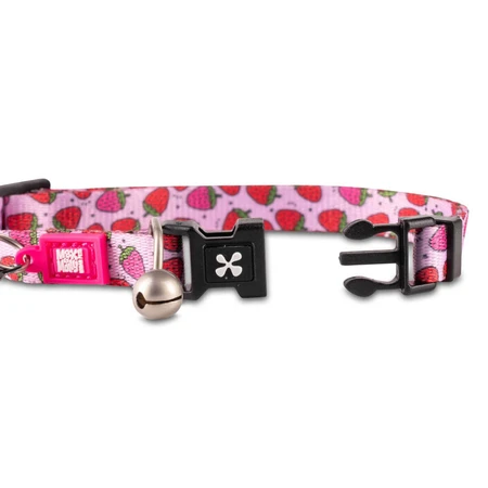 MAX & MOLLY Smart ID Strawberry Dream, Katzenhalsband, verstellbar, Polyester, rosa und rot, Dreizack-Schnalle, 22–35 × 1 cm