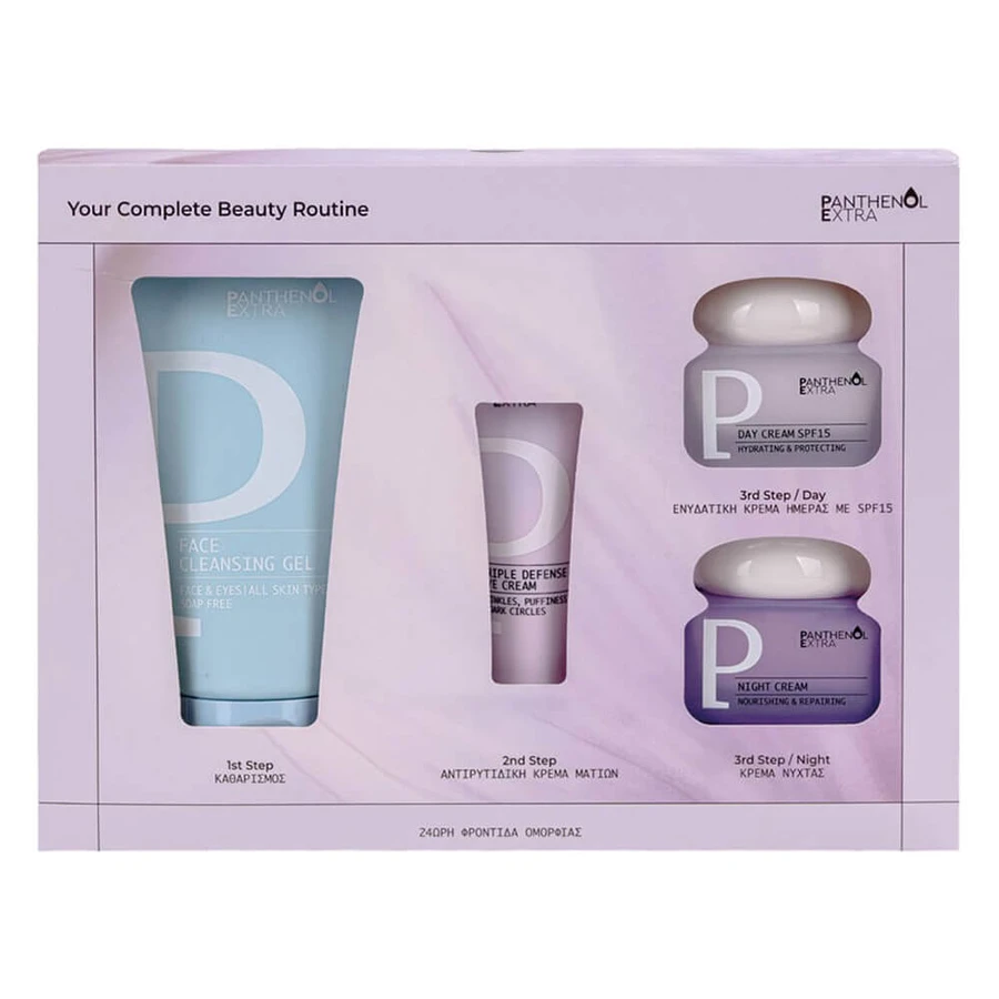Panthenol Extra Aktionspackung mit Gesichtsreinigungsgel 150 ml, Triple Defense Augencreme 25 ml, Tagescreme LSF 15 50 ml und Nachtcreme 50 ml
