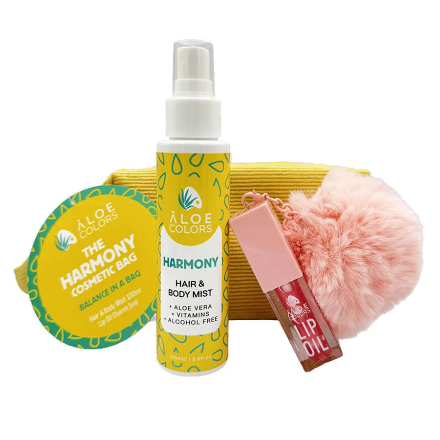 Aloe+ Colors : trousse de maquillage « The Harmony » avec brume pour les cheveux et le corps de 100 ml et breloque huile pour les lèvres de 5 ml