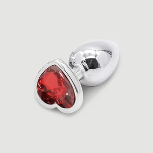 Plug anal de metal de tamaño mediano de la colección «Anal» con joya en forma de corazón - Plata/Rojo