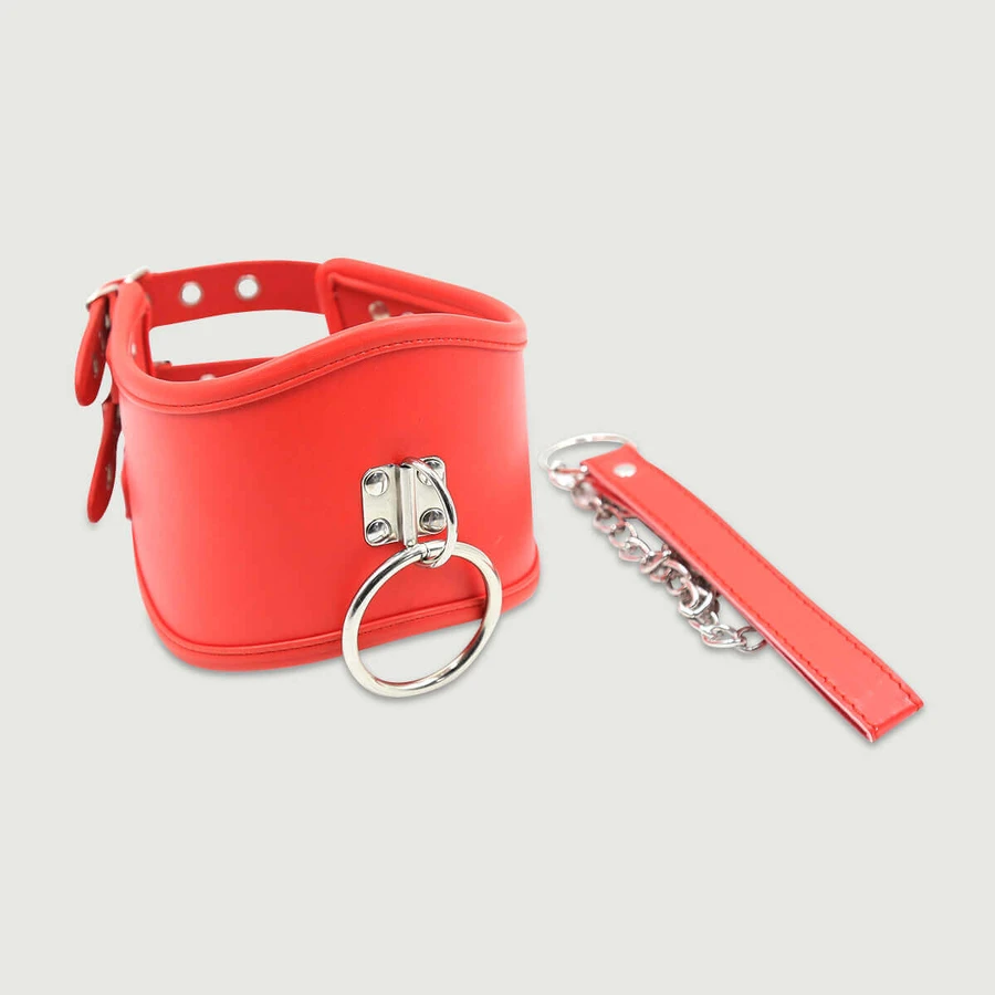 Breites Lederhalsband mit doppelter Schnalle, Kette und Leine – rot