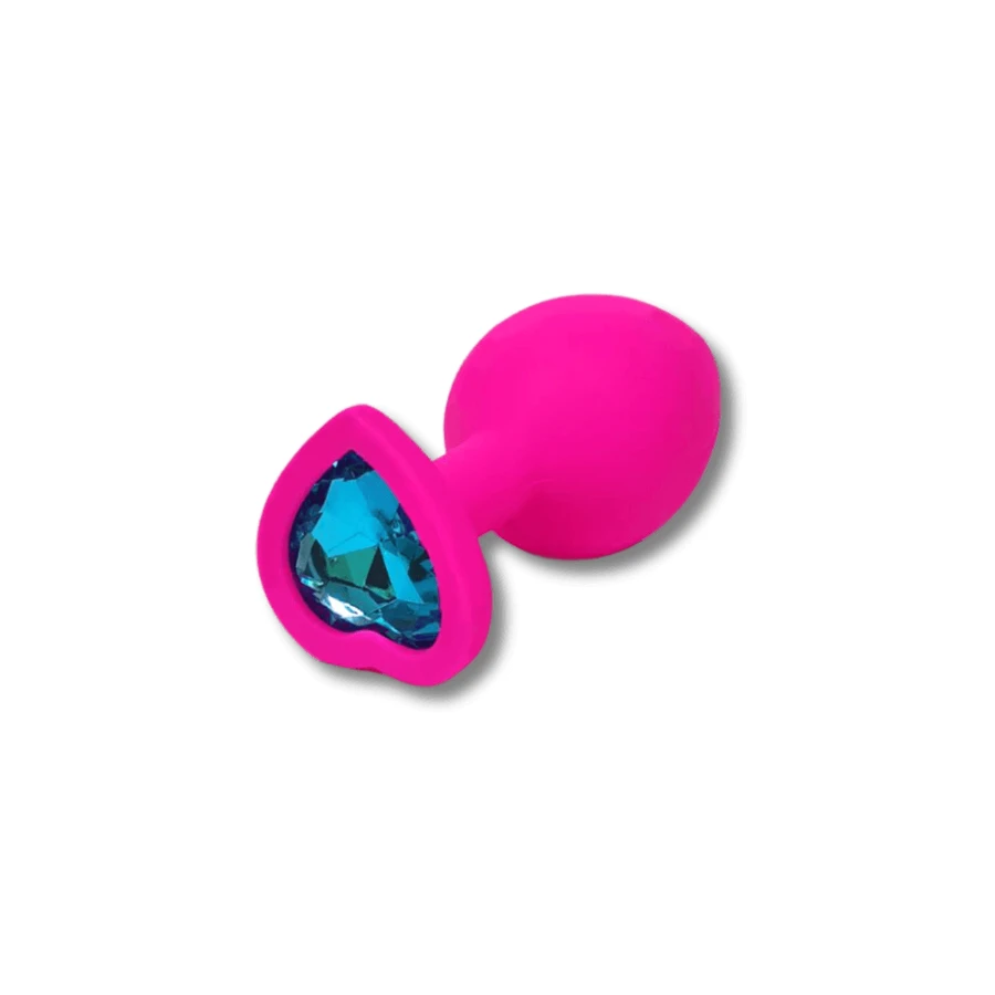 Plug anal en silicone de taille moyenne de la collection Anal, orné d'un bijou en forme de cœur - Rose/Bleu