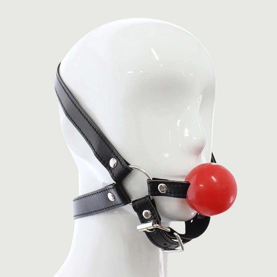Leather Ball Gag With Jaw Strap - Red