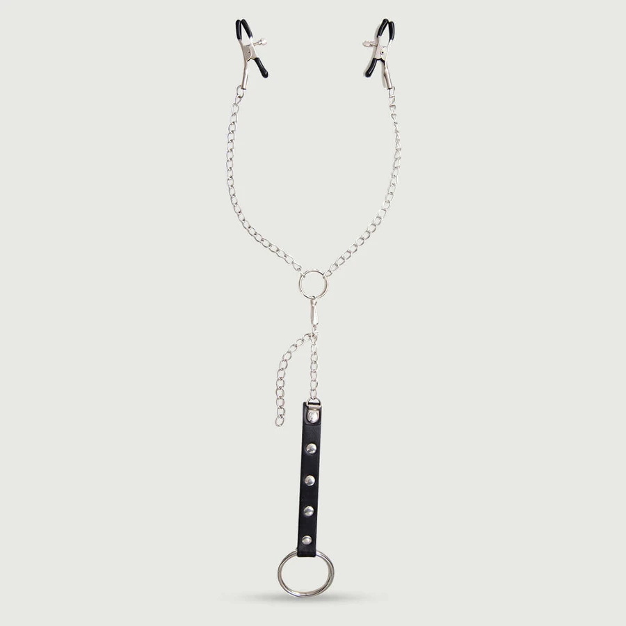 Nipple Clamps with Chains & Penis Ring - Silver