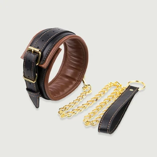 Gevoerde leren halsband met gouden ketting - zwart/bruin