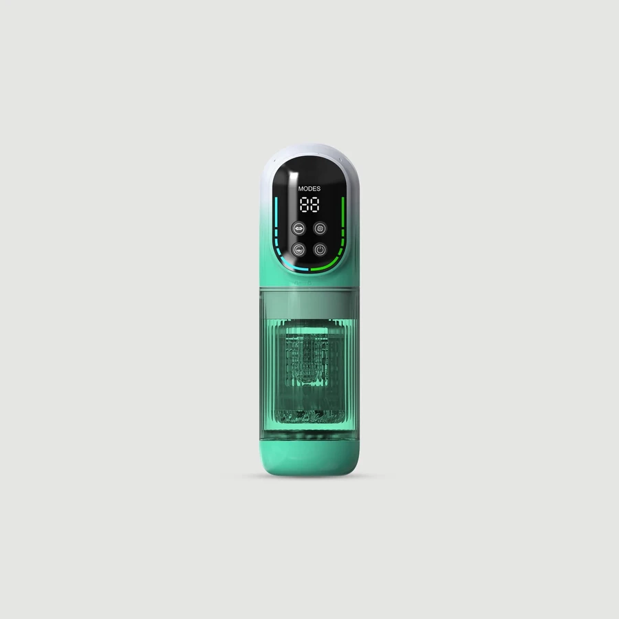 The Perfect Companion – Masturbator masculin cu mișcare de împingere și rotație, cu vibrații și aspirație – Verde
