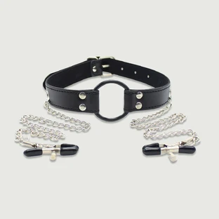 Leather O-Ring Gag with Nipple Clamps - Black