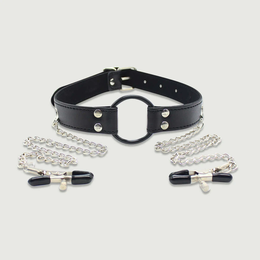 Leather O-Ring Gag with Nipple Clamps - Black