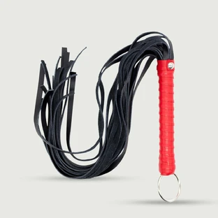Flogger en cuir avec base métallique et poignée rouge - Noir/Rouge