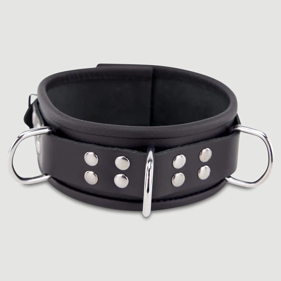 Collar de cuero con anillas en forma de D - Negro