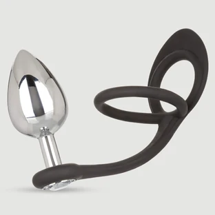 Étirateur de testicules en forme de larme et plug métallique orné d'un bijou - Argent