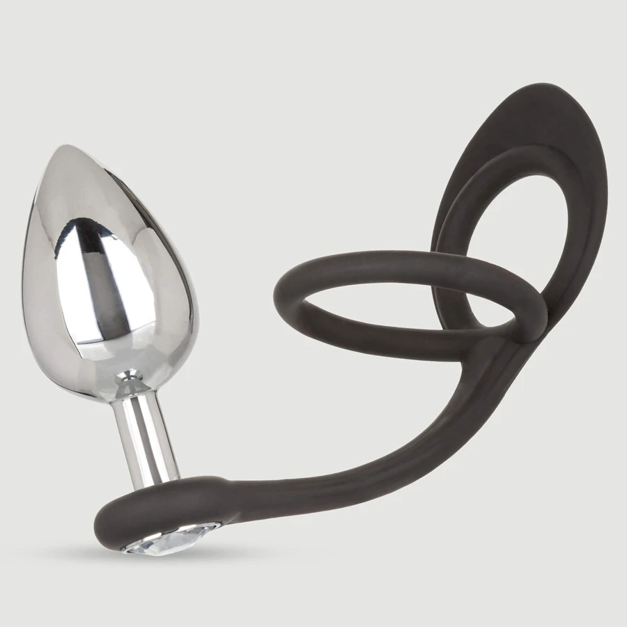 Étirateur de testicules en forme de larme et plug métallique orné d'un bijou - Argent