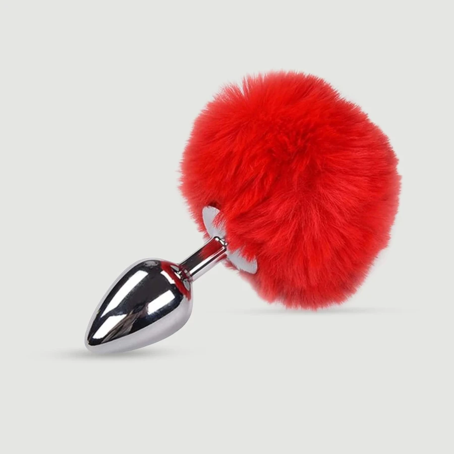 Metal Medium Anal Fluffy Butt Plug - Silver/Red