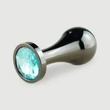 Anal Collection: middelgrote metalen buttplug in druppelvorm met rond sieraad – zwart/lichtblauw