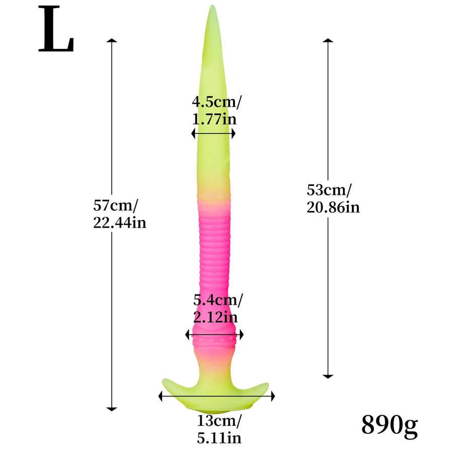 De 'Deeper The Better' grote siliconen dildo die in het donker oplicht, voor diepe penetratie, 57 x 4,5 cm - veelkleurig