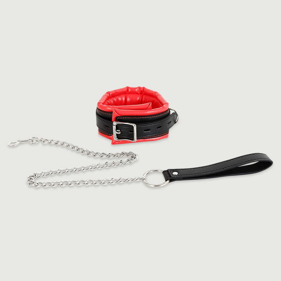 Collare in pelle imbottito con catena - Nero/Rosso