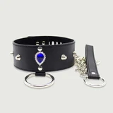 Leather Collar With Padlock, Chain, and Blue Gem - Black
