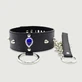 Lederhalsband mit Vorhängeschloss, Kette und blauem Edelstein – Schwarz