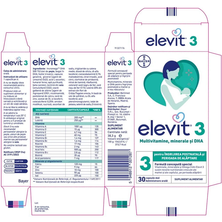 Elevit 3, multivitamines pour la période postnatale et l'allaitement, 2 x 30 gélules, Bayer