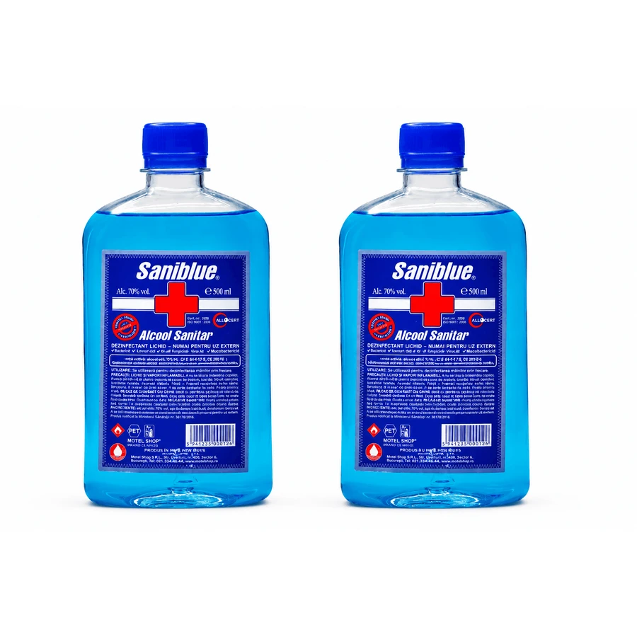 Alcool denaturato al 70%, 2 flaconi da 500 ml, Saniblue