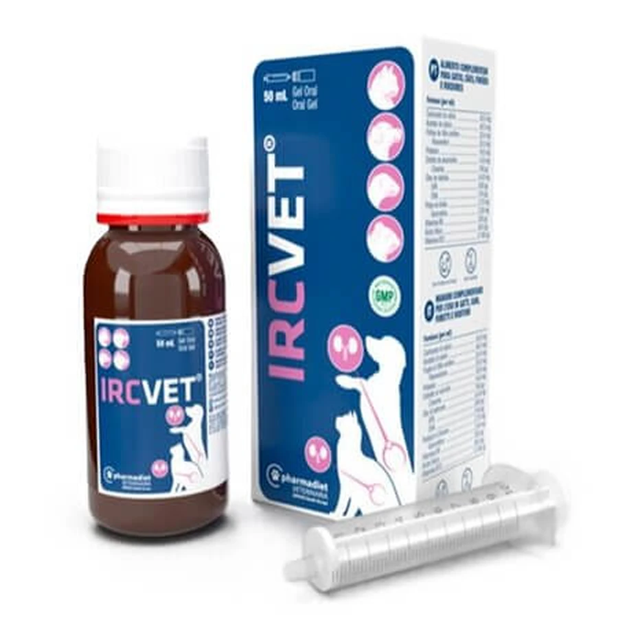 Gel Ircvet, 50 ml, Pharmadiet — complément alimentaire destiné à soutenir la fonction rénale chez les chiens, les chats, les furets et les rongeurs