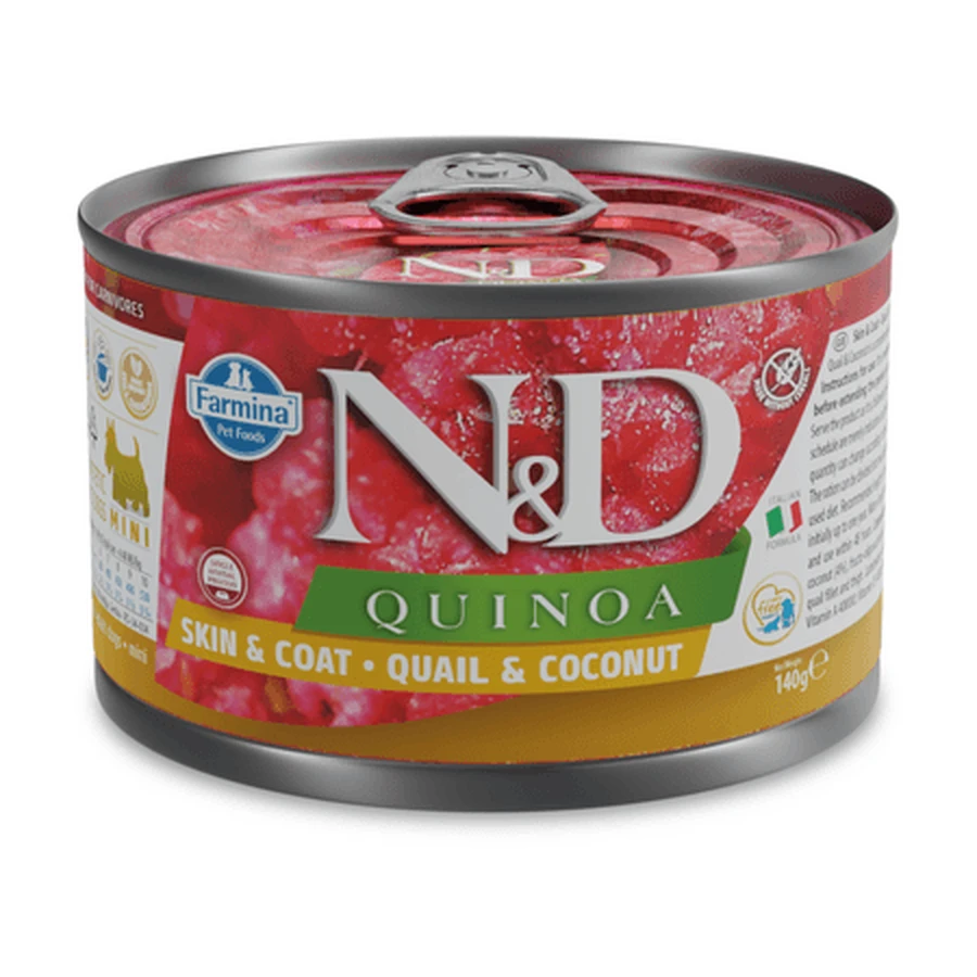 Wet food with quail and coconut for adult dogs: Adult Mini Quinoa Skin and Coat N&D, 140 g, Farmina