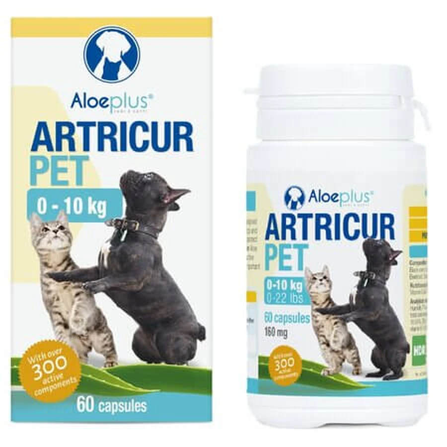 Artricur : complément alimentaire pour les articulations et la mobilité des chiens et des chats, 200 mg, 60 gélules, Aloeplus