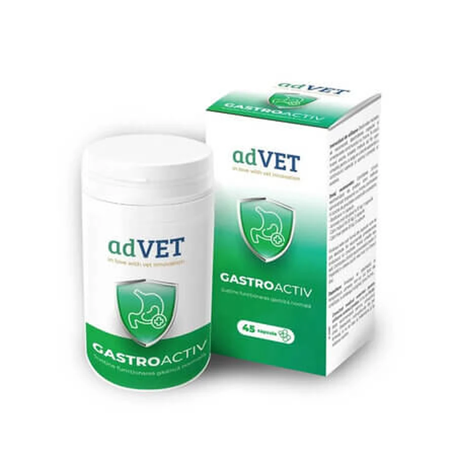Gastroactiv, un complemento alimenticio para el funcionamiento normal del estómago en perros y gatos, 45 cápsulas, adVET