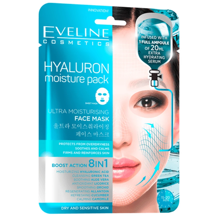 Hyaluron Moisture Pack Ultra-Hydrating Facial Mask with Hyaluronic Acid, 20 ml, Eveline Cosmetics