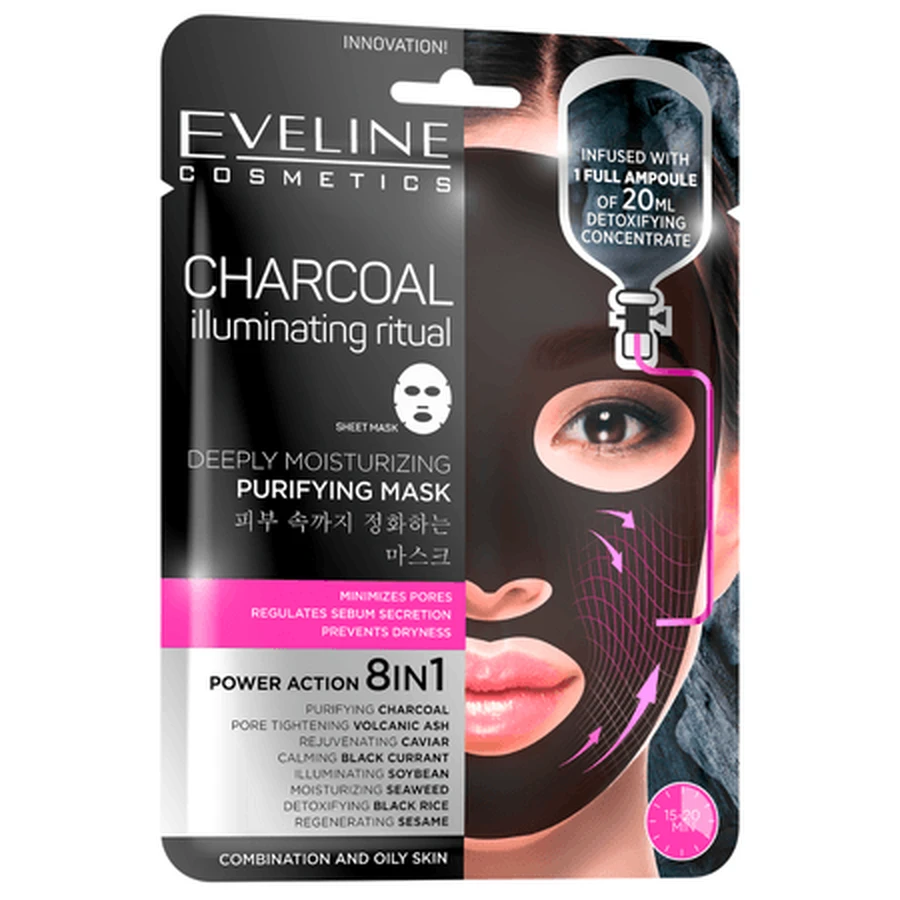 Mascarilla facial purificante e hidratante «Ritual Iluminador con carbón vegetal», 20 ml, Eveline Cosmetics