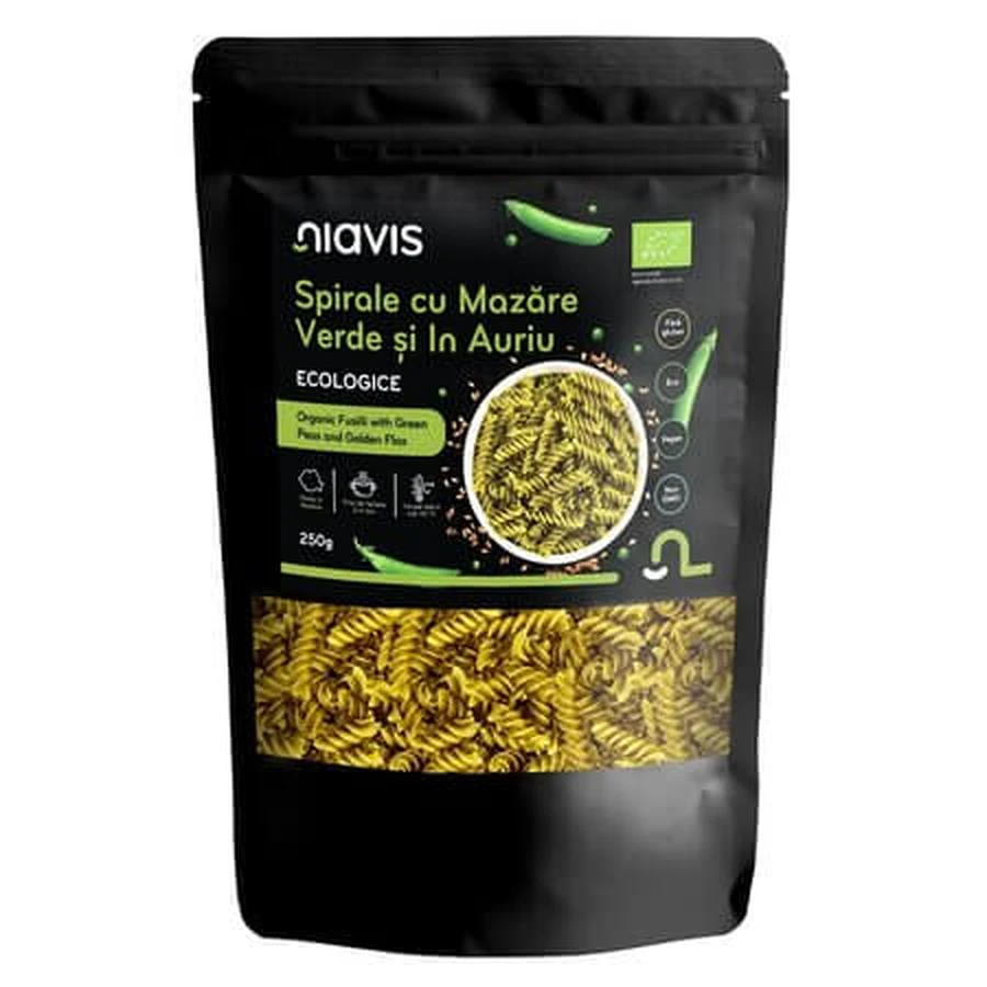 Pasta en espiral ecológica con guisantes verdes y amarillos, 250 g, Niavis