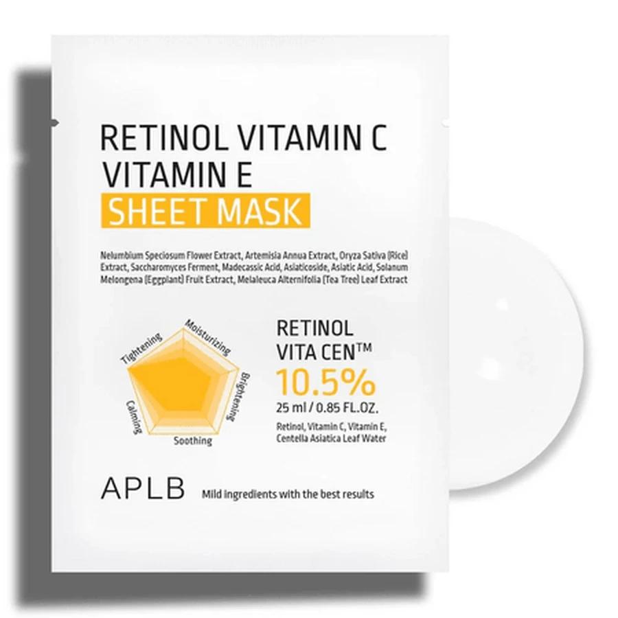 Sheetmasker met retinol, vitamine C en vitamine E, 25 ml, Aplb