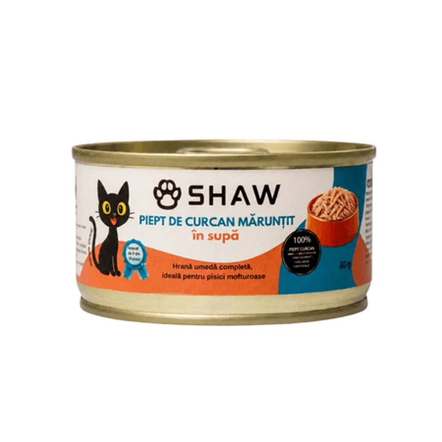Nourriture humide à base de blanc de dinde effiloché dans un bouillon, pour chats adultes, 80 g, SHAW