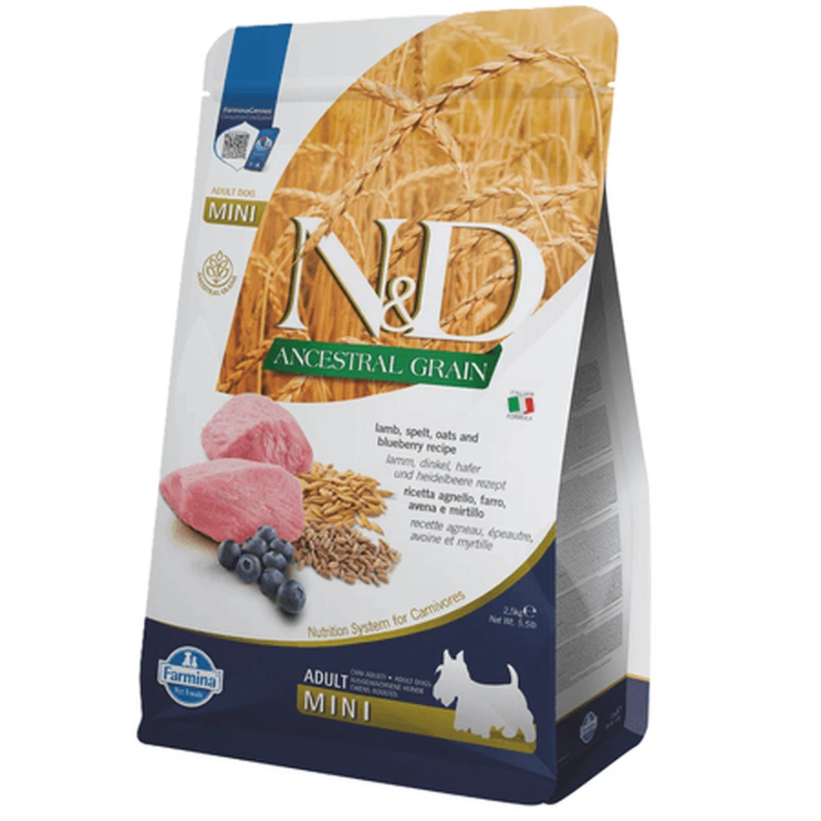 N&D Adult Mini Ancestral Grain Dry Dog Food with Lamb, Alac, Oats, and Blueberries, 2500 g, Farmina