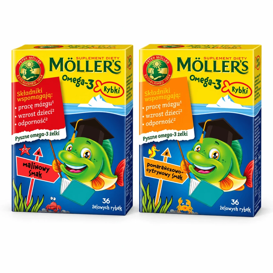 Omega-3 Fish Sticks with Raspberry Flavor, 36 pieces + Lemon and Orange Flavors, 36 pieces, Mollers