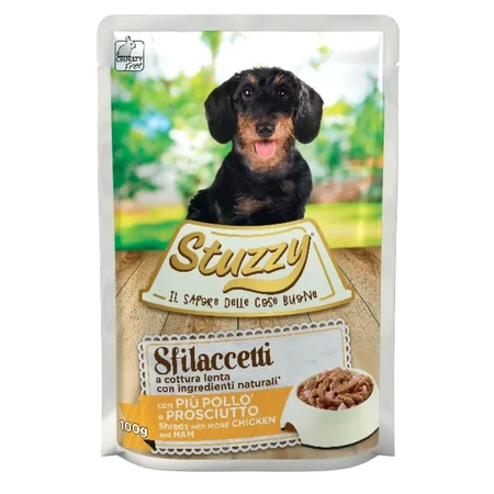 STUZZY Shreds, XS–XL, Huhn und Schinken, Nassfutter für Hunde im Beutel (im eigenen Saft), 100 g