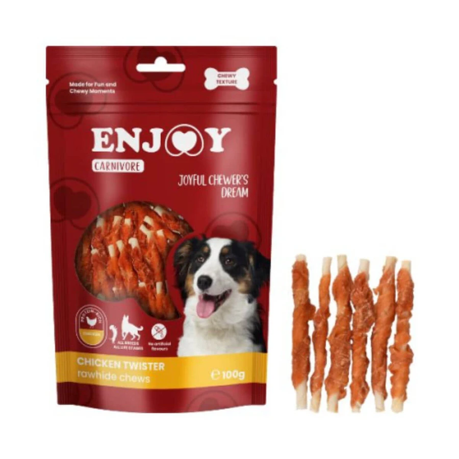 ENJOY Carnivore Twister Rawhide Chews, XS-XL, Pui, punguță recompense câini, 100g