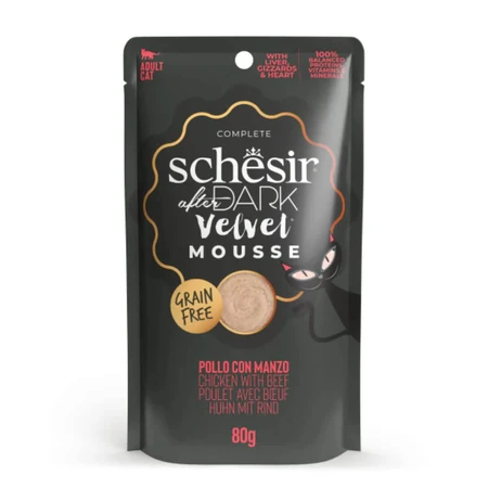 SCHESIR After Dark Velvet Mousse, Chicken and Beef, grain-free wet cat food pouches (mousse), 80g