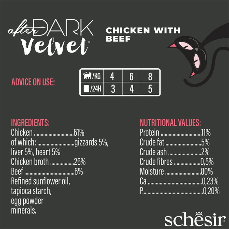 SCHESIR After Dark Velvet Mousse, Chicken and Beef, grain-free wet cat food pouches (mousse), 80g
