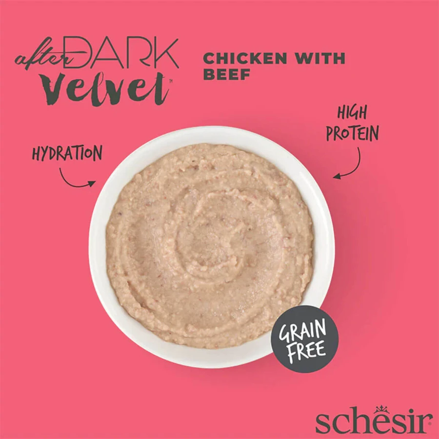 SCHESIR After Dark Velvet Mousse, Chicken and Beef, grain-free wet cat food pouches (mousse), 80g