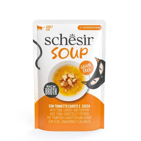 SCHESIR Ergänzungsfutter „Suppe mit Thunfisch und Kürbis“, getreidefreies Nassfutter für Katzen im Beutel (in Suppenform), 40 g